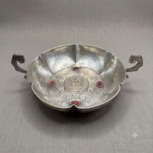 Vintage Alpaca Silver Spanish Colonial Style Bowl Ferdinand VI 8 Coin Carnelian